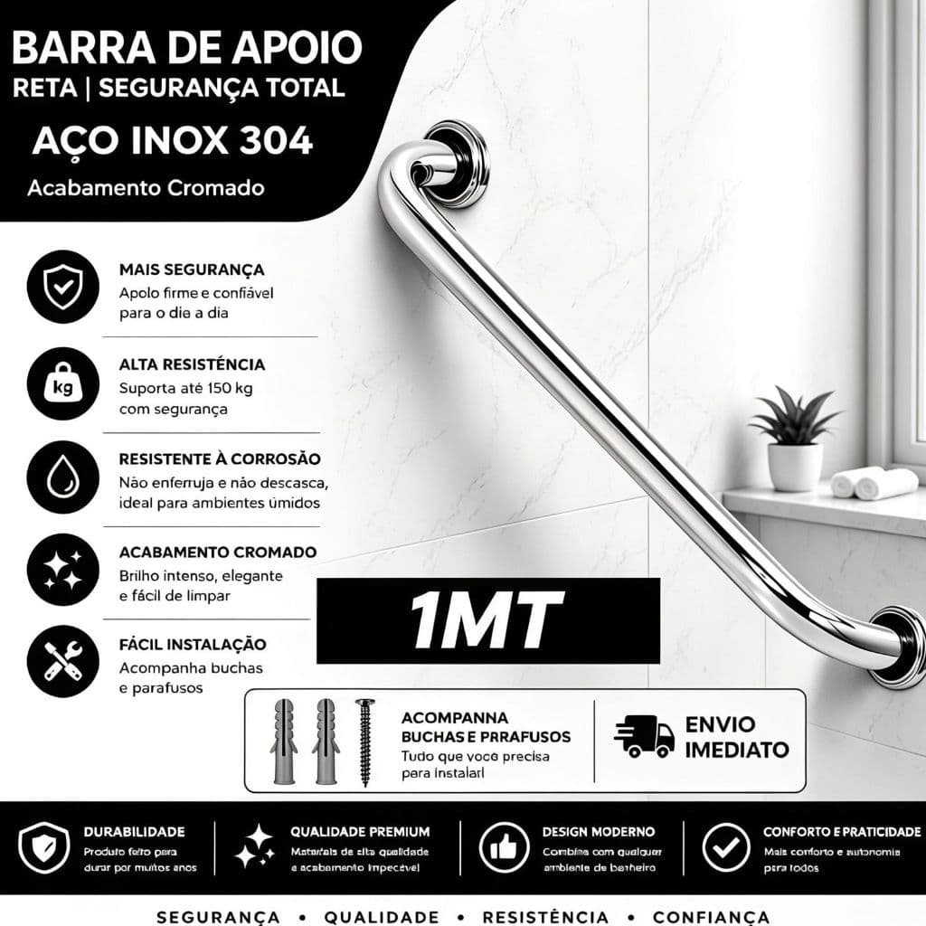 Barra de Apoio Reta 1 Metro Cromada Segurança e Acessibilidade Para Banheiro