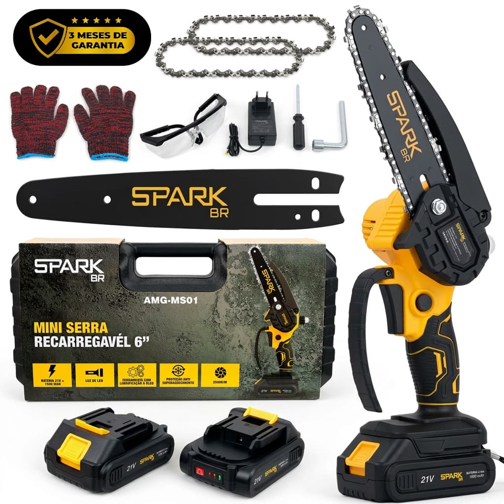 Motosserra Elétrica Portátil SparkBR 6 Polegadas Recarregável Bivolt 21V 2 Baterias Maleta