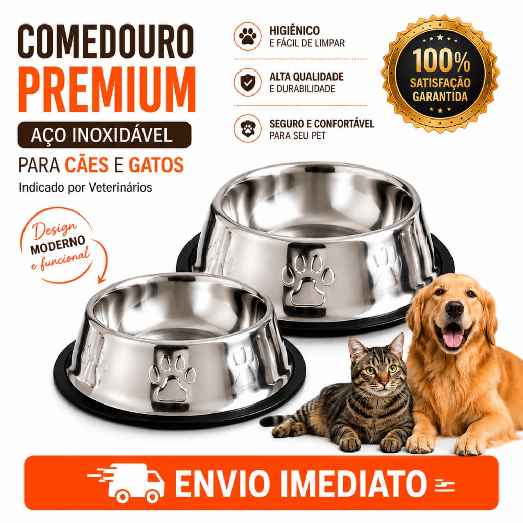 Comedouro Pet Inox Premium Para Cães E Gatos Antiderrapante Kit Ou Unidade