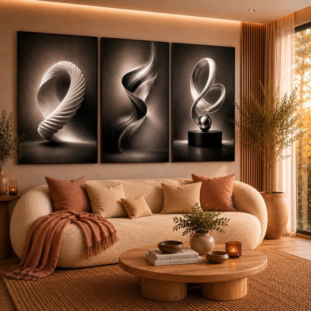 Kit 3 Quadros Decorativos Abstratos Preto e Branco Para Sala Quarto e Escritório