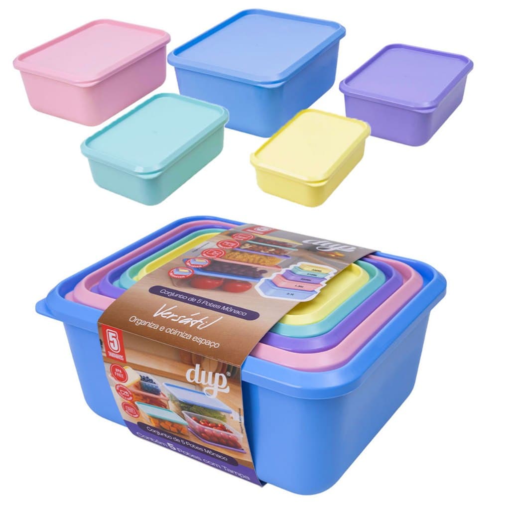 Conjunto 5 Potes Herméticos DUP Mônaco Plástico Marmita Freezer Micro-ondas BPA Free