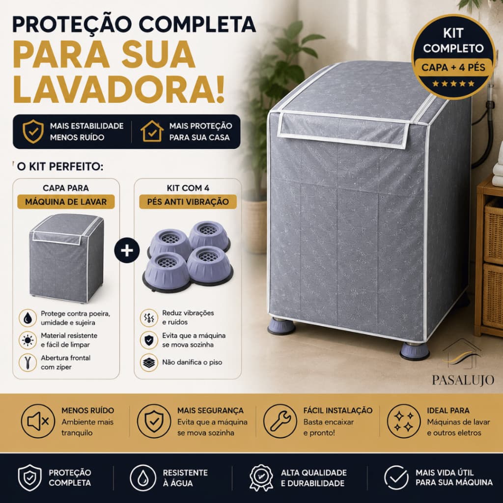 Kit Capa e Suporte Antivibração para Máquina de Lavar Impermeável  Com Zíper Cinza Preta G Electrolux Brastemp Consul to