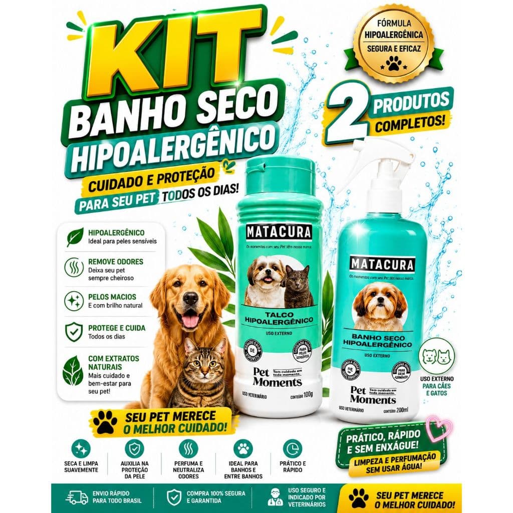 Kit Banho Seco Hipoalergenico - Remover de Odores Matacura Spray Desodorizante e Talco Banho Seco para Cães 200ml