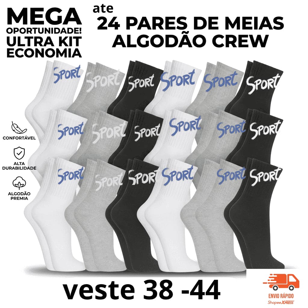 Kit Ate 24 Pares Meia Cano Alto Algodão Premium Sport Unissex Masculina Feminina Academia Dia a Dia