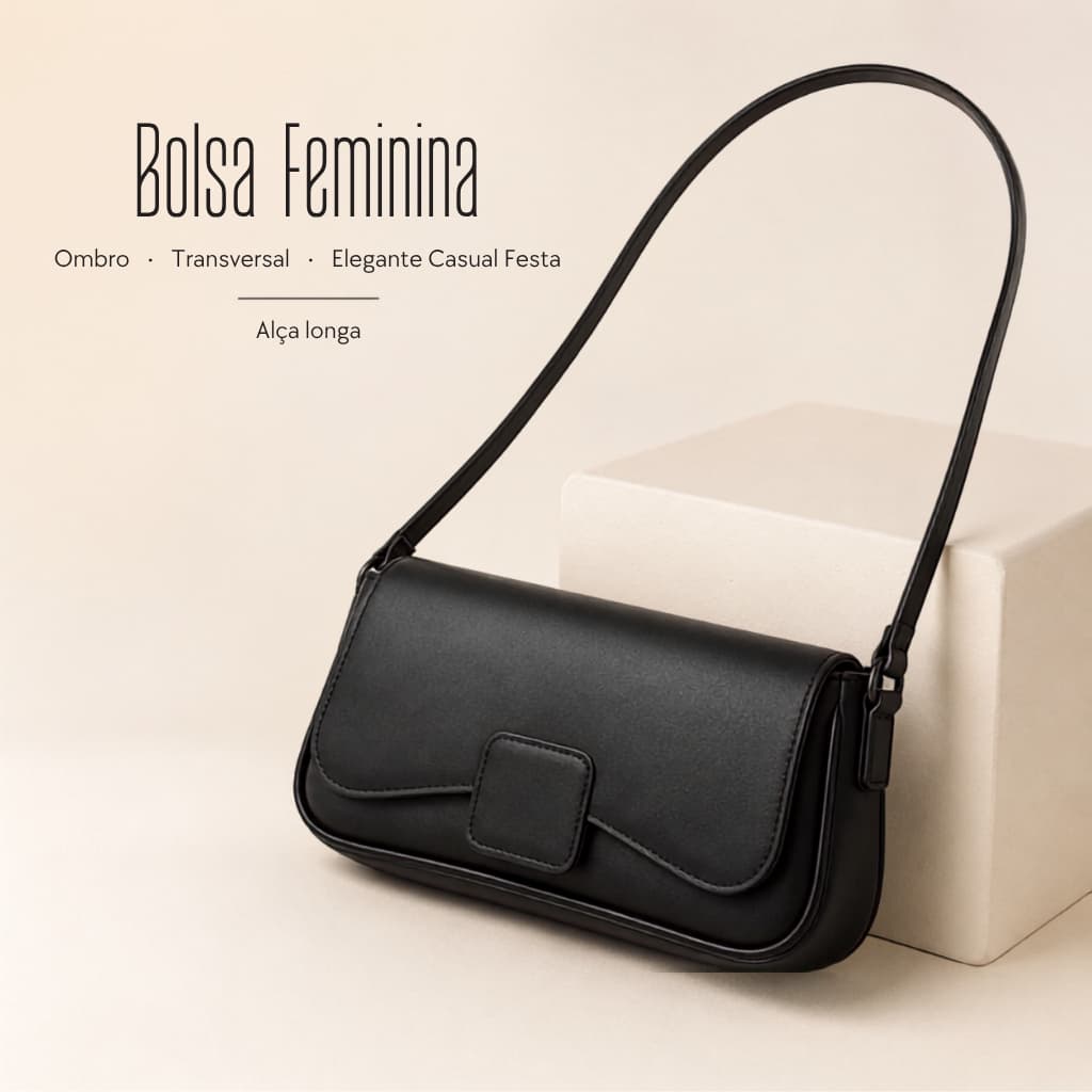 Bolsa Feminina Preta Pequena Transversal Ombro Festa Casual Luxo Elegante Alça Corrente