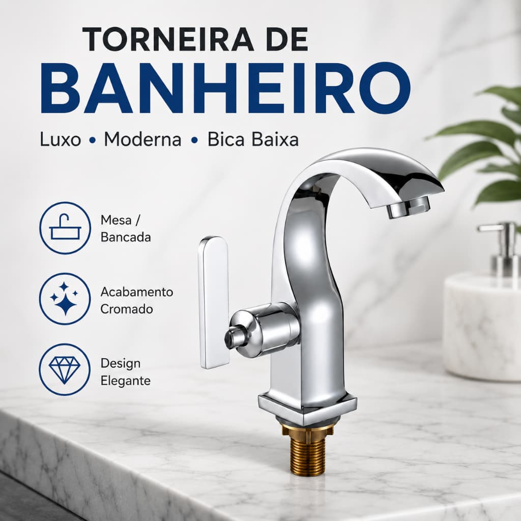 Torneira Banheiro Luxo Cromada Bica Baixa Mesa Cuba Bancada Água Fria Moderna