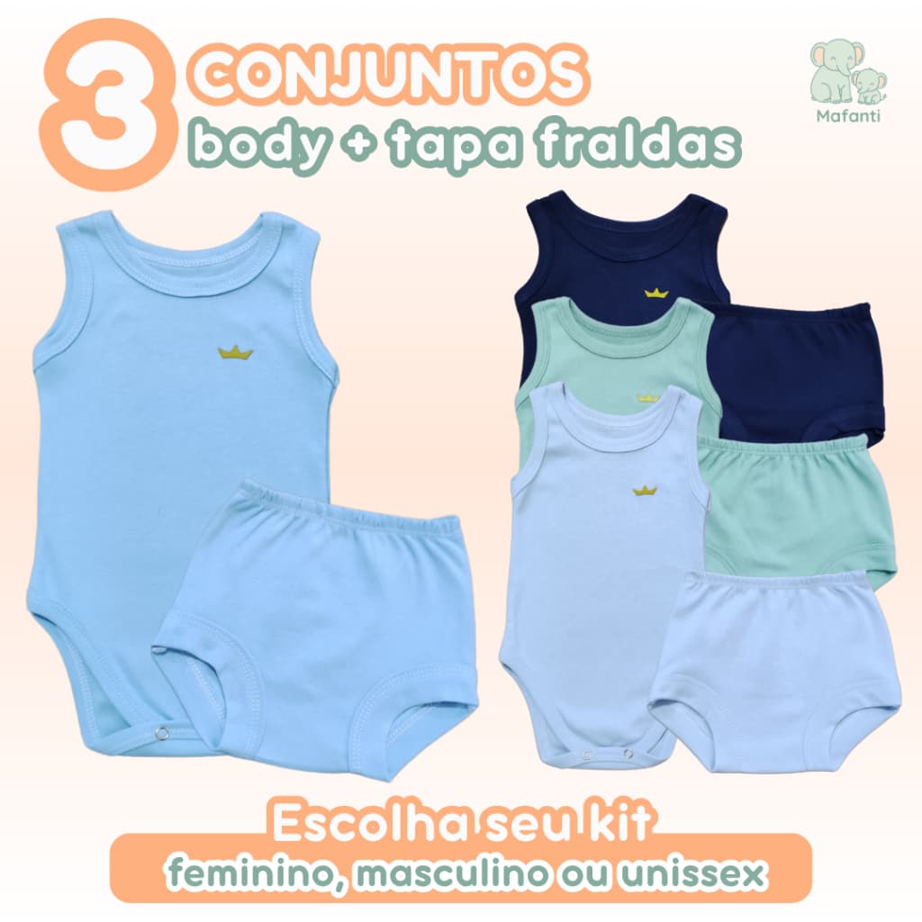 Kit 6 peças Body Regata + Tapa Fralda Bebê Verão Calor Liso Cores 100%  Algodão Feminino Masculino Unissex Zuraffa Baby