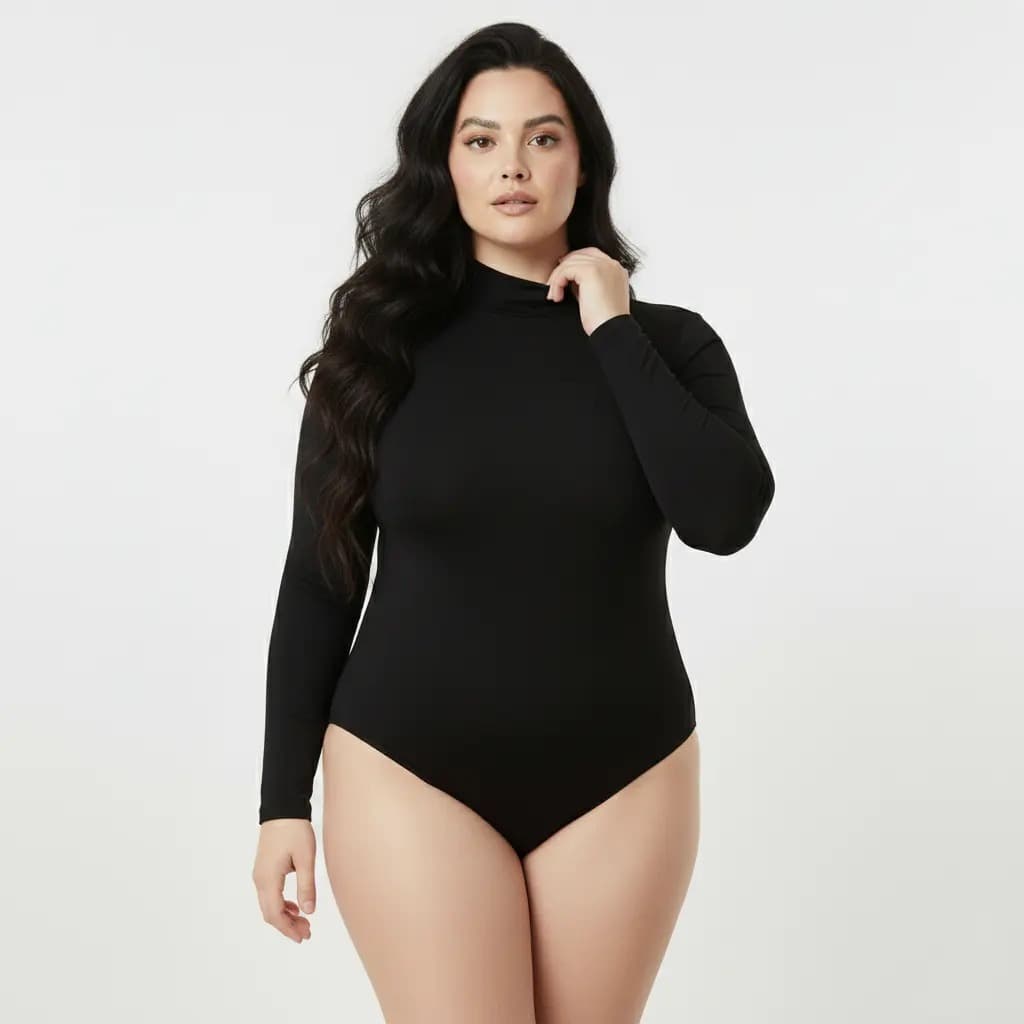 Body Gola Alta Manga Longa Plus Size - G1 - Preto