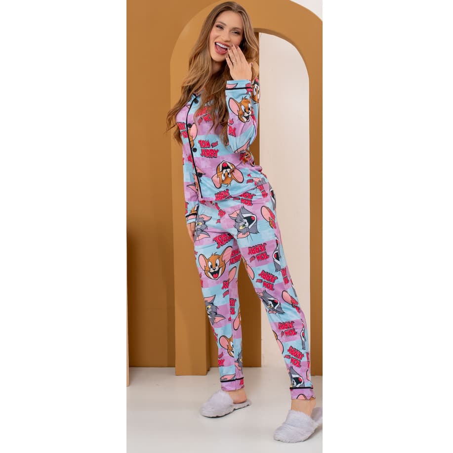 Pijama Americano Feminino Suede Com Abotoador Inverno Manga Longa