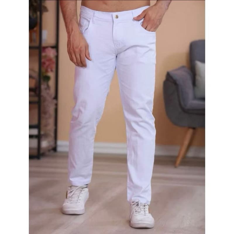 Calça Jeans branca skinny algodão com lycra masculina confortável
