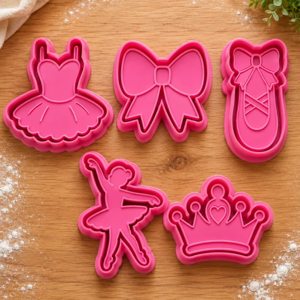 Kit 5 Cortadores de Biscoito Marcador Molde Bailarina Princesa Sapatilha Laço Coroa Tutu Balé Ballet