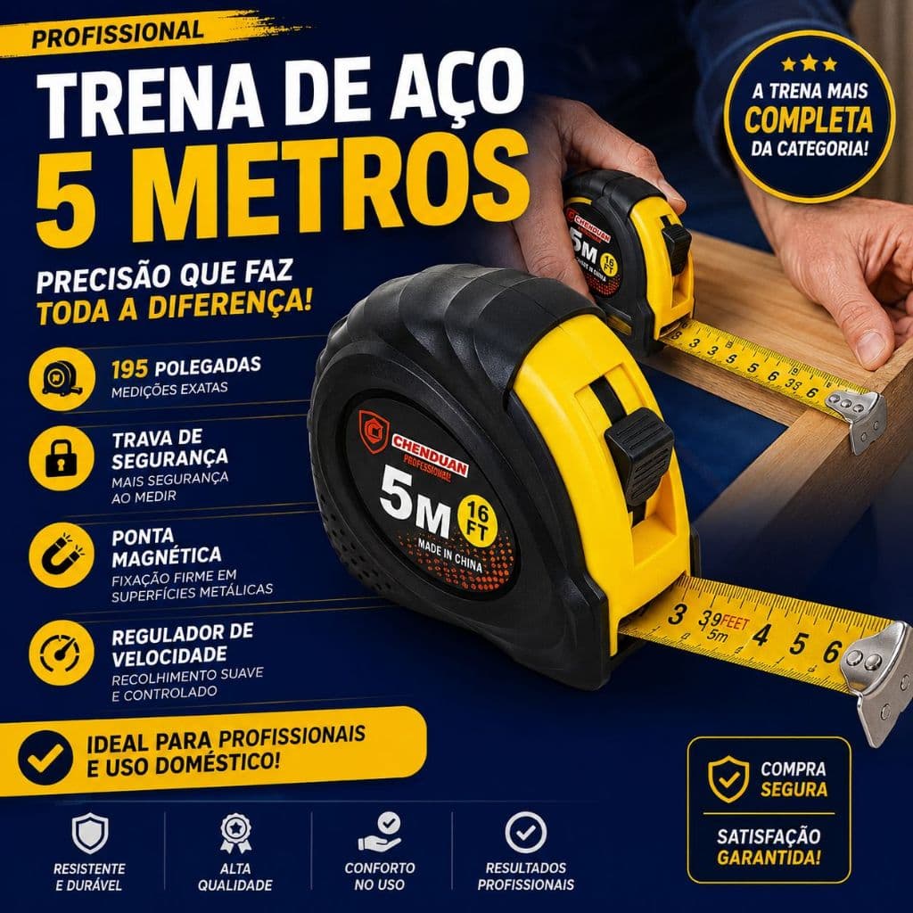 Trena De Aço Emborrachada Profissional - Com 5 Metros - Kit C/5 Unidades - BC