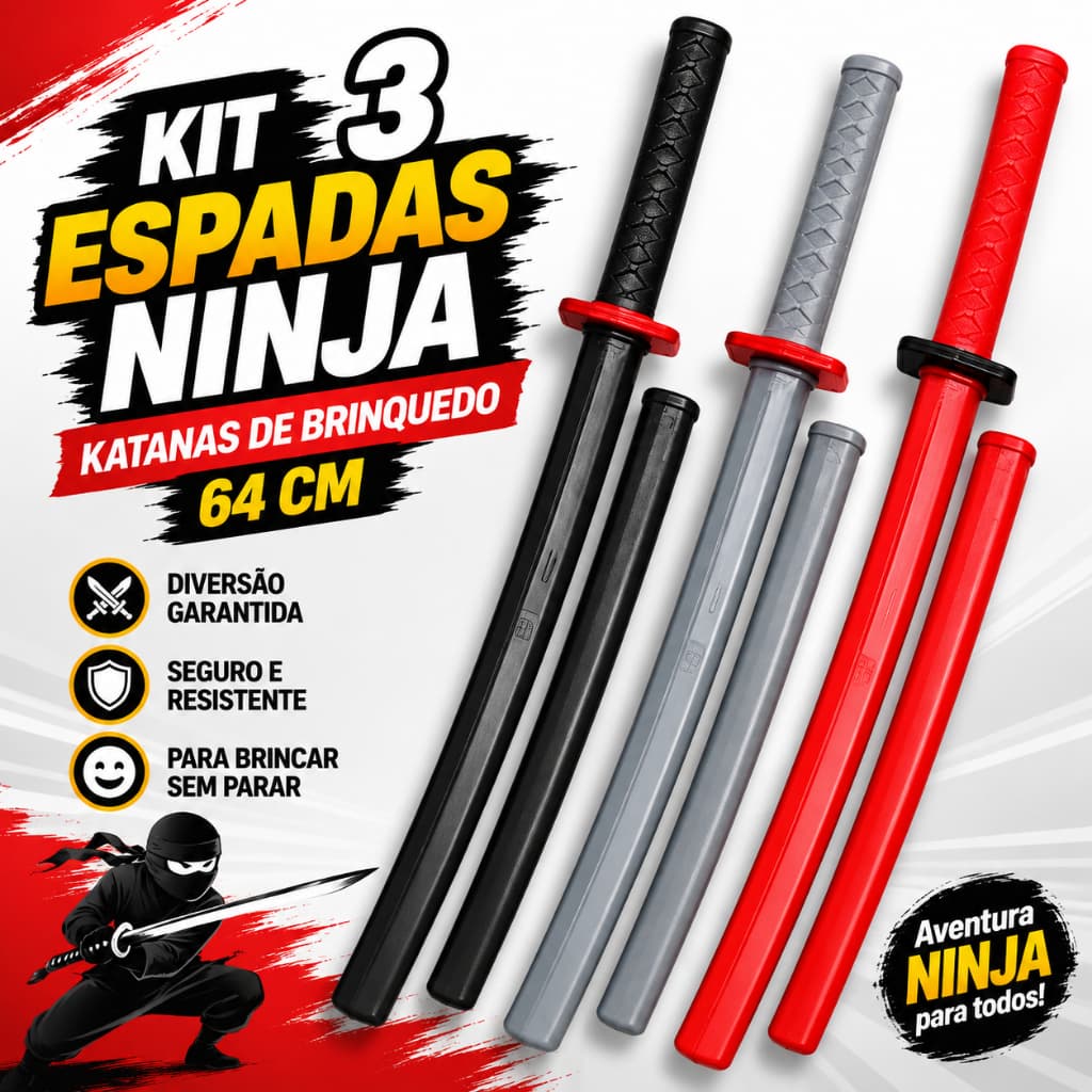 Kit 3 Espadas Ninja Katanas De Brinquedo Infantil Grande 64 Cm