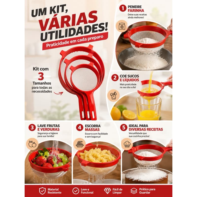 Kit 03 Peneiras de Cozinha Tamanhos 12cm 15cm 18 cm - Peneiras de Plástico com Cabo - Pratica e Leve