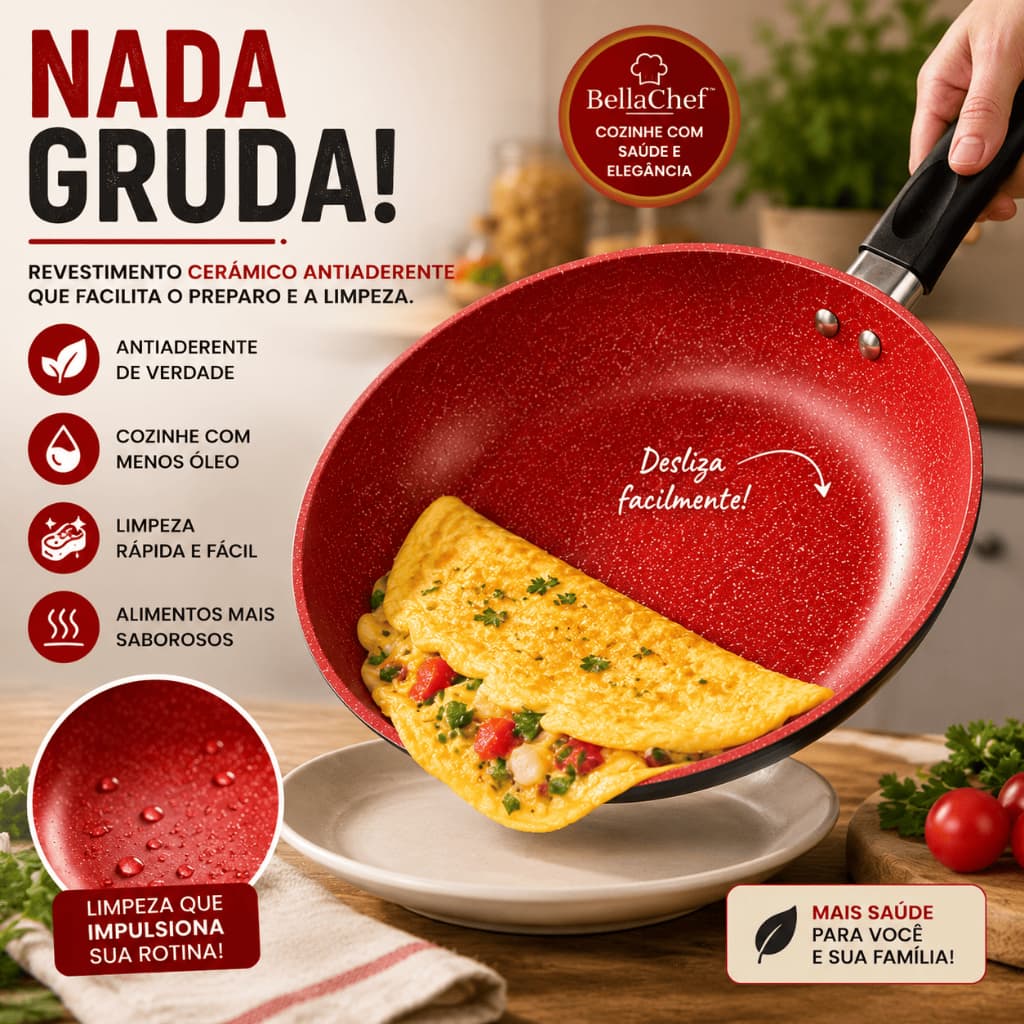 Frigideira Ceramica Antiaderente 26cm Cozimento Saudavel Facil Limpeza Vermelha