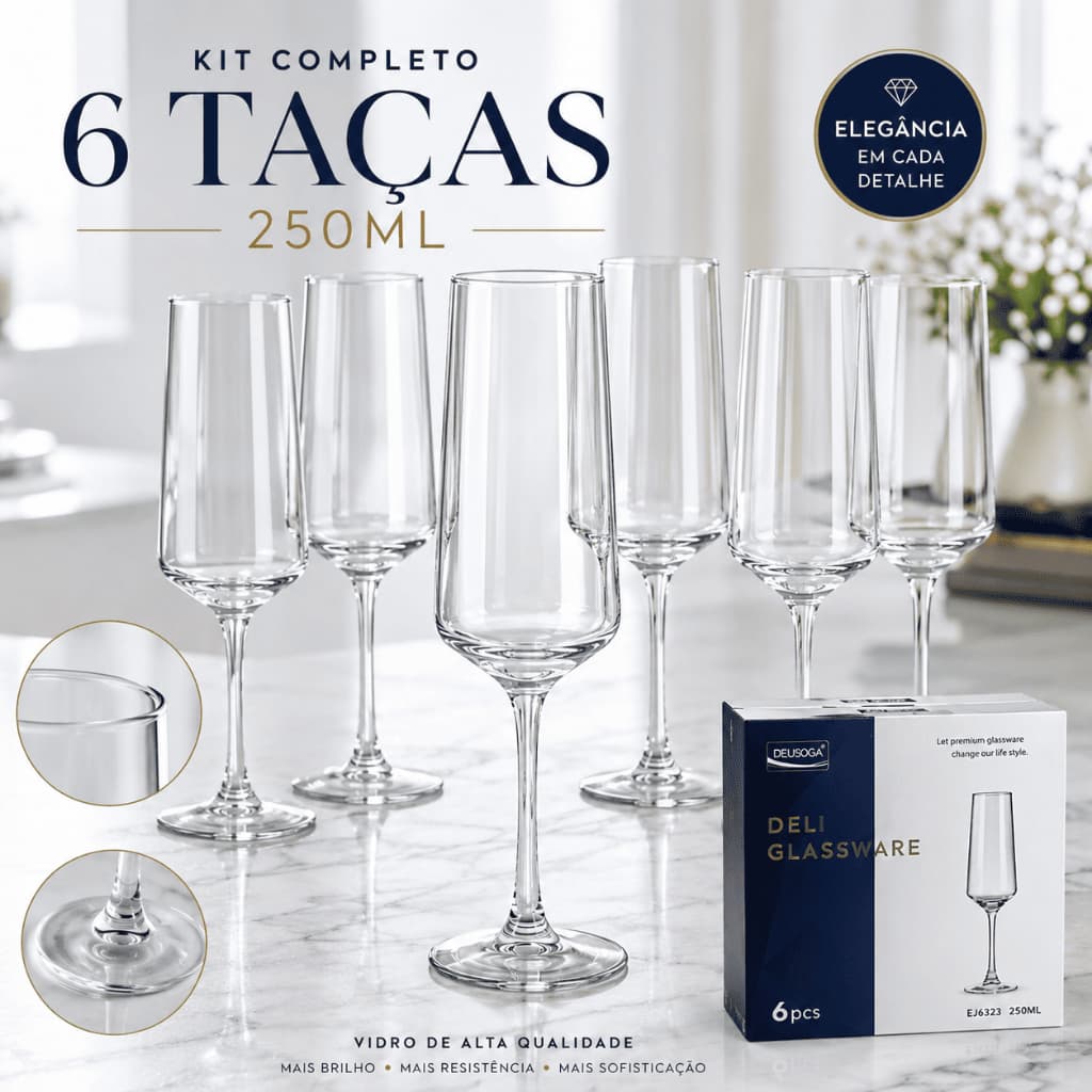 Jogo 6 Taças Champagne Let Premium 250ml Kit Elegante para Espumante