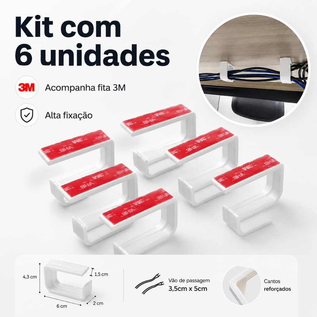 Passa Fio Organizador Kit 6 Organizadores De Cabos E Fios de Mesa Setup Gamer Home Office Papelaria
