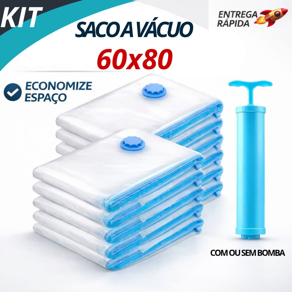 Kit Saco a Vacuo 60X80 + Bomba Manual Organização de Roupas Mala Viagem Guarda Roupas