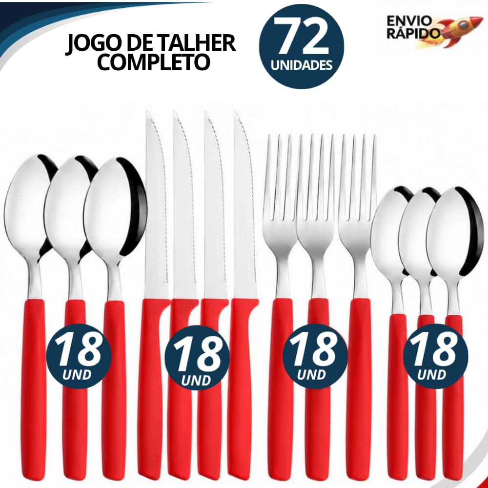 Jogo de Talheres Cabo Vermelho 24/48/72 Peças Inox Premium Resistente