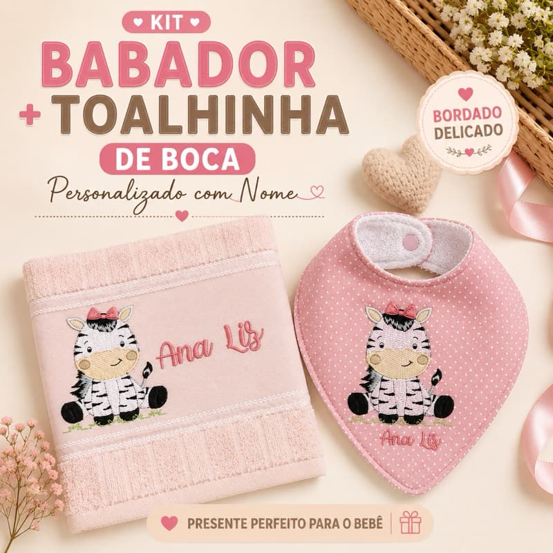 Kit Babador Bandana + Toalhinha de Boca Personalizados com Nome | Bordado | Presente para Bebê