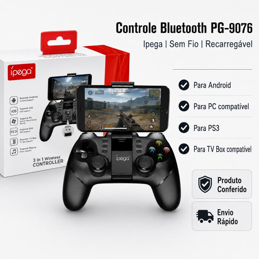 Joystick Ipega 3 Em 1 PG-9076 Bluetooth Controle Celular Android PC PS3