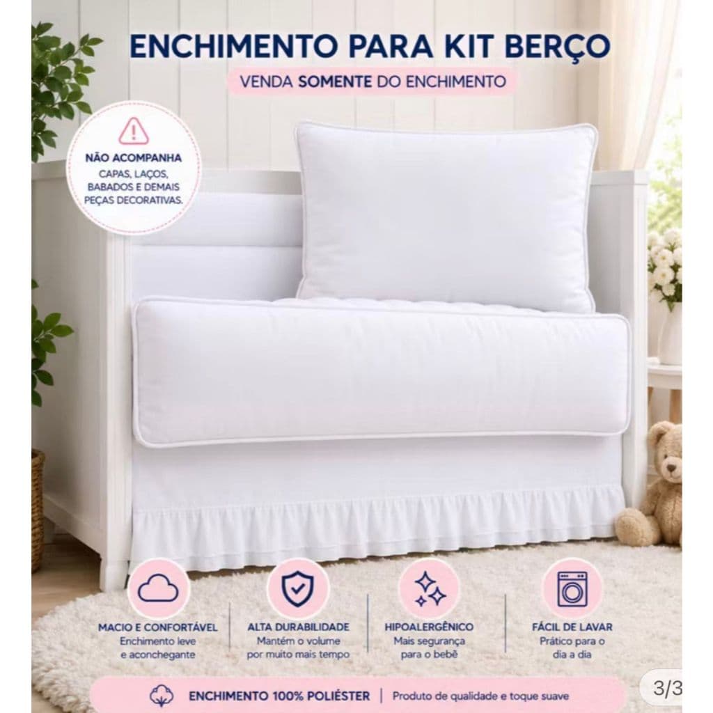 Kit Enchimento para Berço 3 Peças – Laterais 30x1,30  e Travesseiro 50x70