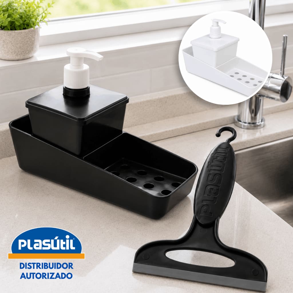 Kit Porta Detergente e Bucha Rodinho Organização Pia Plasutil Preto ou Branco