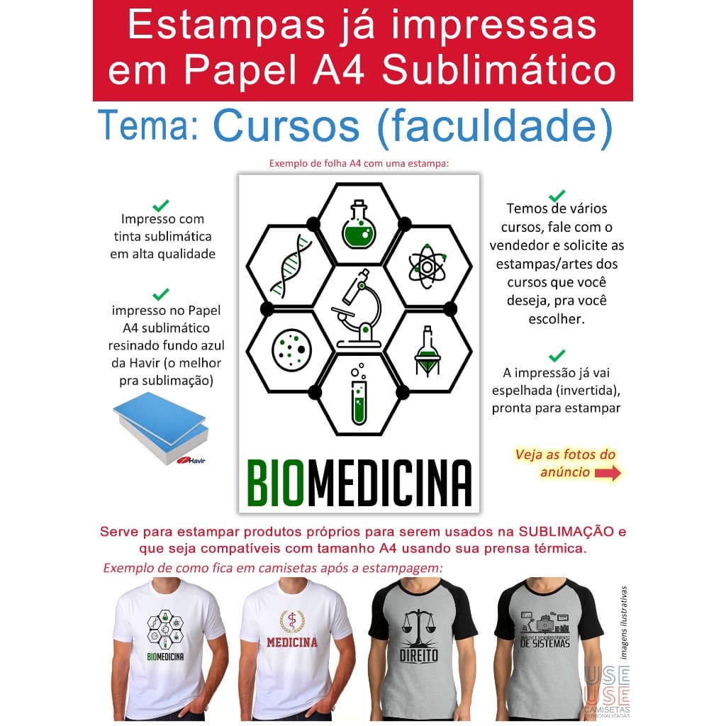 10 Folhas A4 de Papel Sublimático já impresso com estampas de cursos de faculdade camiseta universitária sublimação