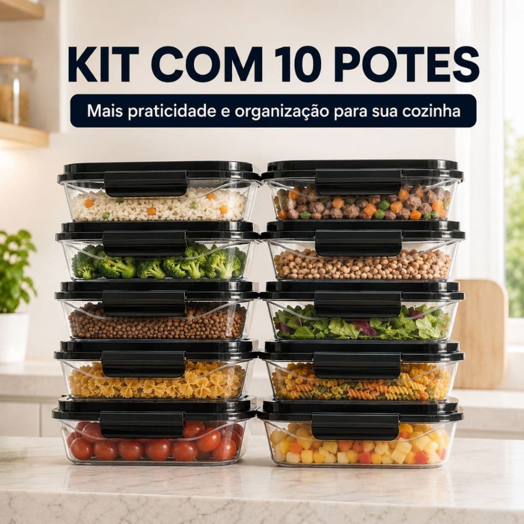 Kit 10 Potes 800ml Herméticos Transparentes BPA Free Marmita Fitness Freezer Microondas Cozinha