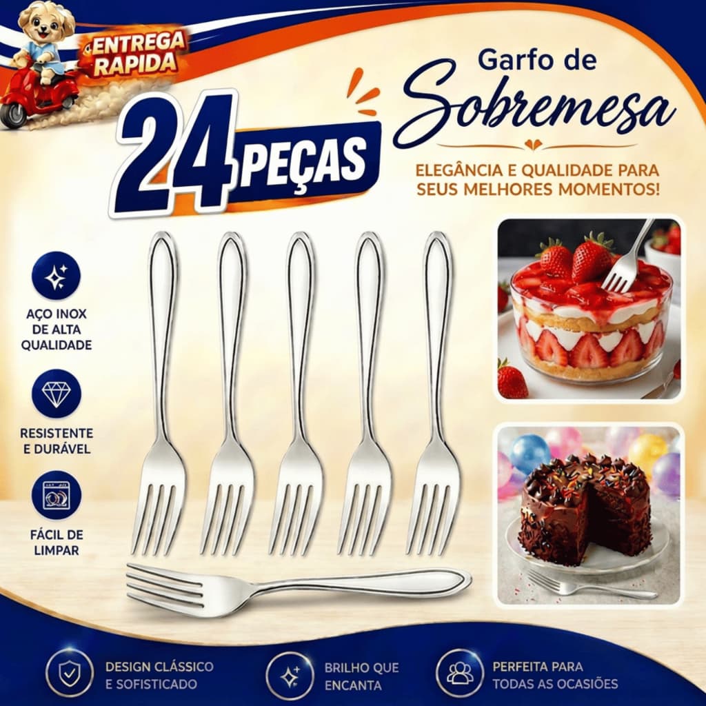 Conjunto  24 Garfos de Sobremesa Inox Aço Inoxidável Premium Talheres Mesa  Festa Doces Doceria Bolo