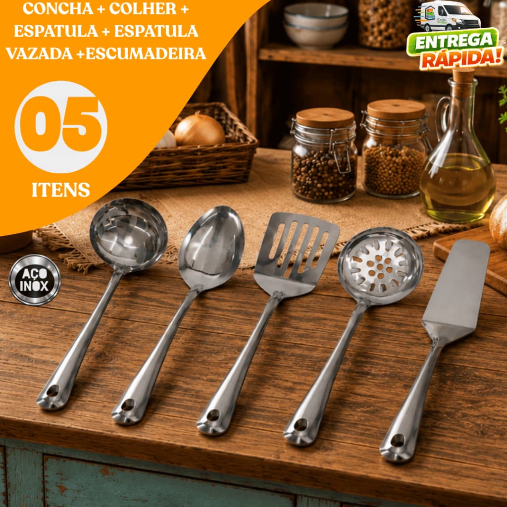 Kit 05 Utensílios Inox Alta Qualidade Resistente para Cozinha Restaurante Buffet Festa Junina Copa