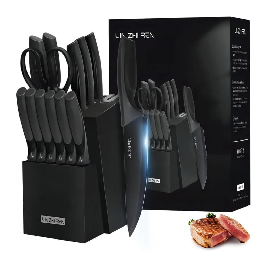 Jogo De Facas 14 Peças Aço Inox Com Suporte Porta Facas E Afiador Embutido Kit Completo Para Cozinha Chef