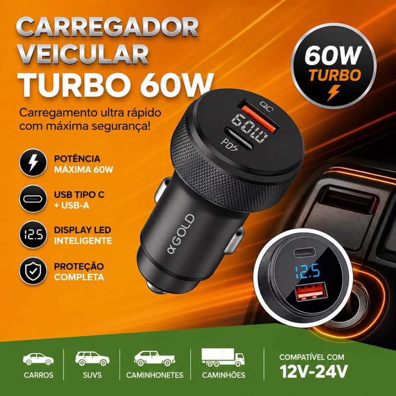 Carregador Veicular 60W Turbo USB e Tipo C Led Fonte Carro Automotivo Original