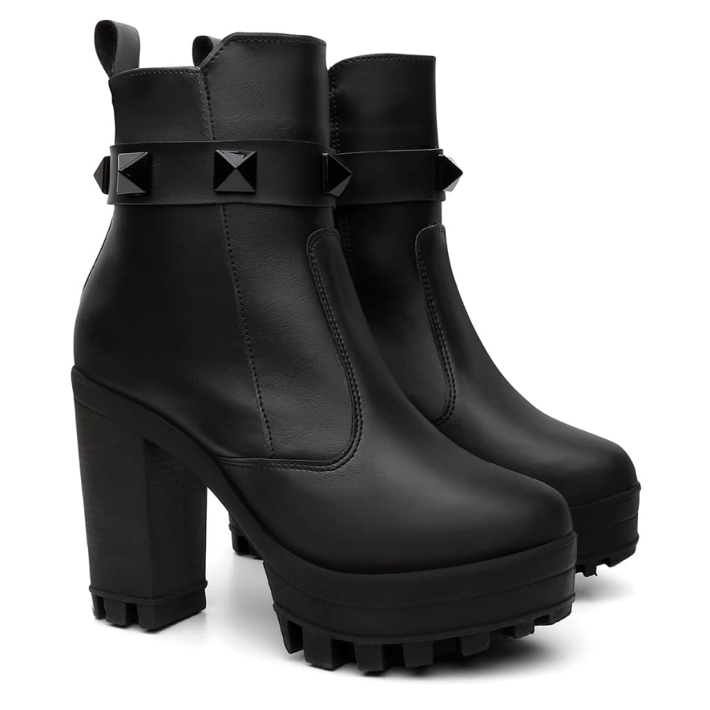 Bota Coturno Feminina Salto Alto Grosso Tratorada Plataforma Cano Curto Preta Confortável