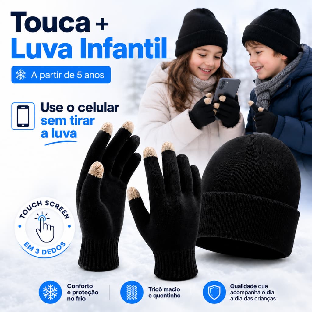 Kit Infantil Touca e Luva de Inverno Gorro Quentinho para Frio Menino Menina Criança Unissex