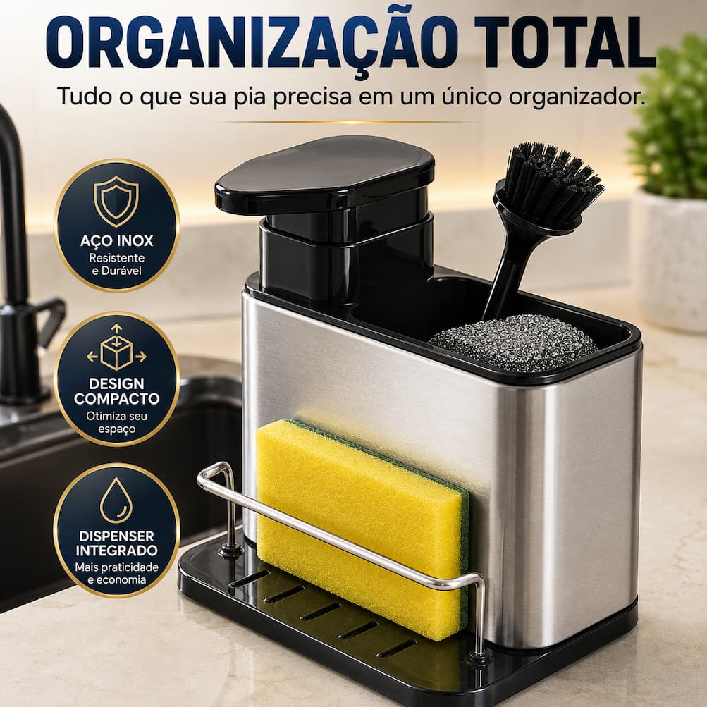 Organizador de Pia com Porta Detergente Inox Dispenser para Esponja e Escovas Suporte Multiuso Cozinha Moderna