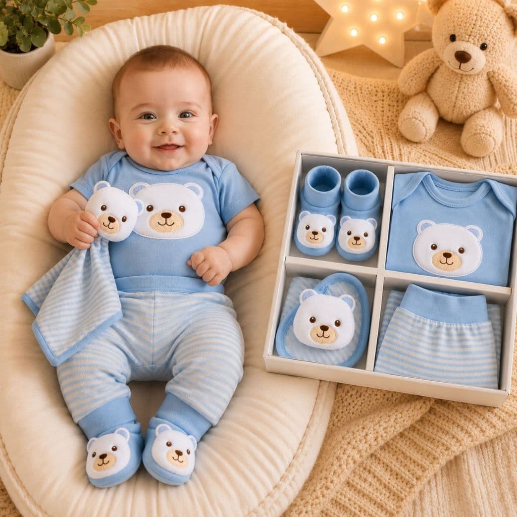 Presente Bebê Bordado Ursinho 4 Peças Body Manga Curta Algodão Calça Mijão Meia Urso 3D e Naninha