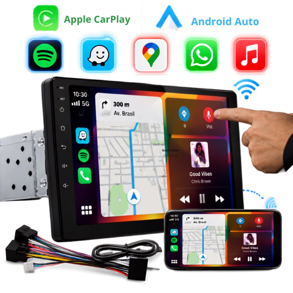 Central Multimídia CarPlay Sem Fio 1Din 7/9 Polegadas e Câmera de Ré