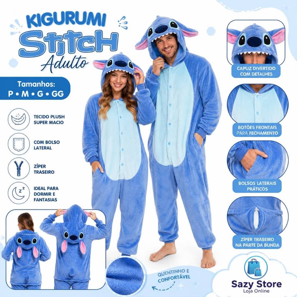 Kigurumi Stitch Adulto Premium Pijama Fantasia Macacão Unissex Plush Quentinho Cosplay