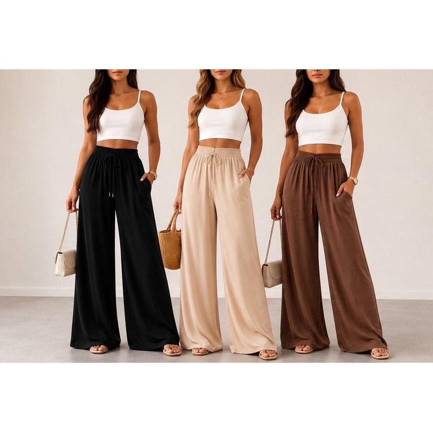 Kit 3 Calça Pantalona Feminina Cintura Alta Tecido DUNA Elástico Na Cintura Não é Transparente