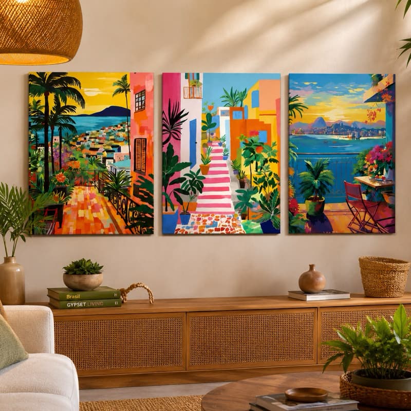 KIT QUADROS DECORATIVOS RIO DE JANEIRO ARTE MODERNA PAISAGEM CIDADE MARAVILHOSA 3 PEÇAS