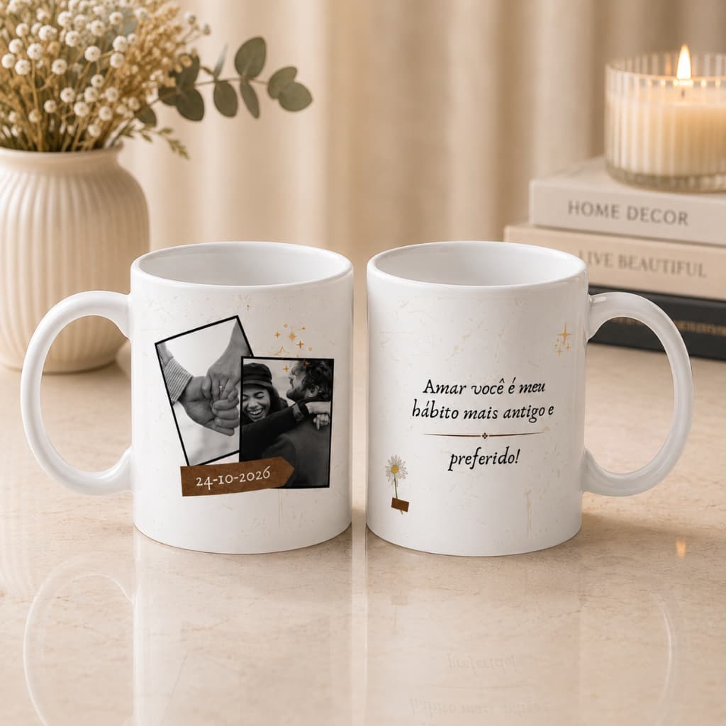 Caneca Personalizada com Foto, Nome e Data Modelo Exclusivo Casal Namorados Presente Xícara
