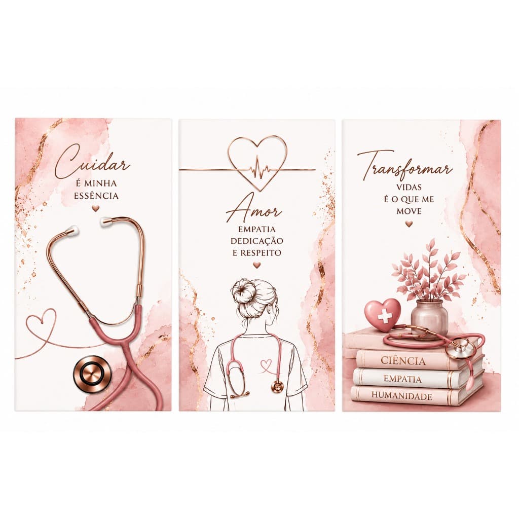Kit 3 Quadros Decorativos Enfermagem Enfermeira Profissão Consultório Clínica Hospital MDF