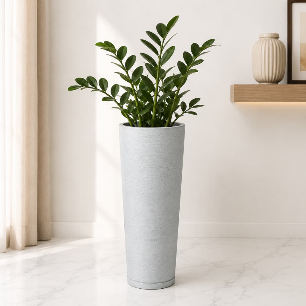 Vaso Decorativo Alto Coluna Ibiza 59cm com Prato Coletor e Acabamento Escovado