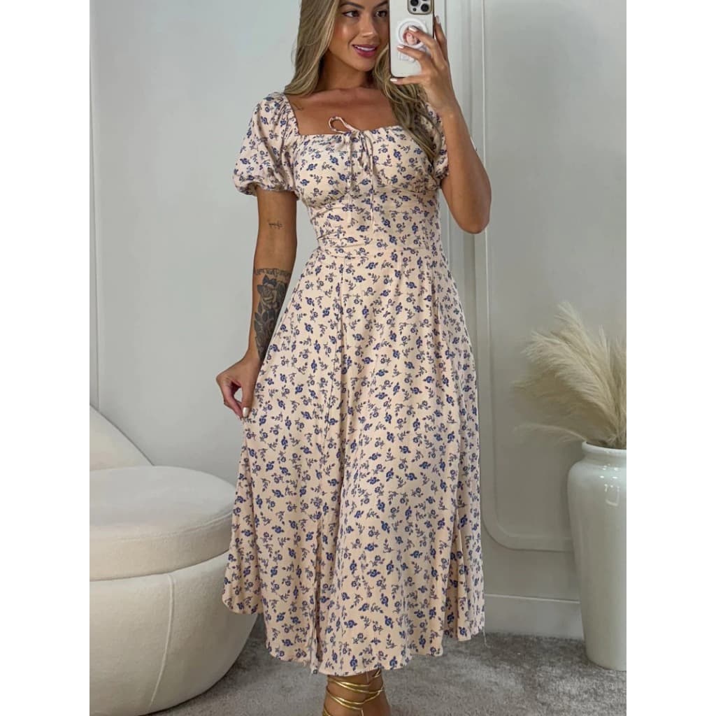 Vestido Mídi Romântico Floral com Manguinha e Elastex Cruzado Costa
