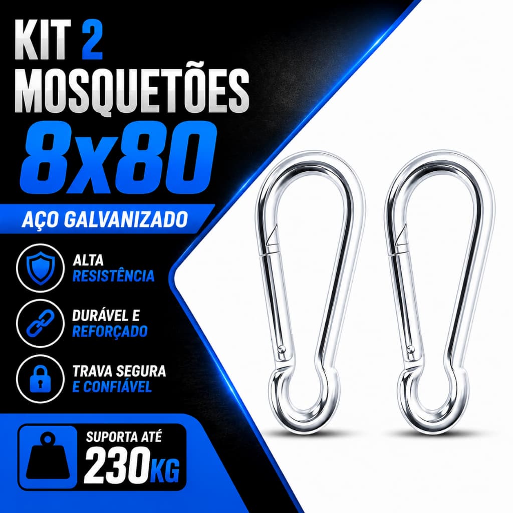 Kit 2 Mosquetão 8x80 Academia Musculação Suporte Gancho Aço Carbono Trava Simples 230kg Fitness