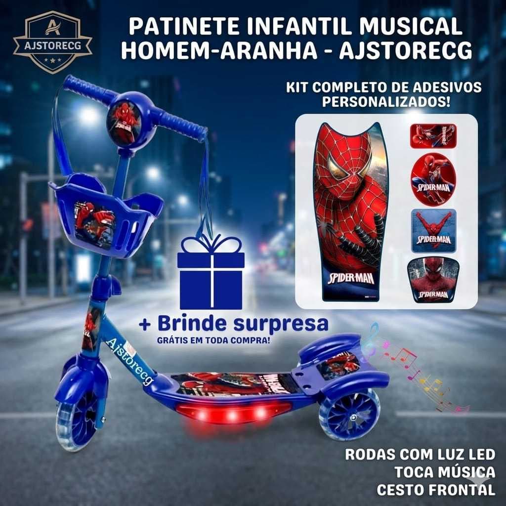 NOVO Patinete Infantil Homem Aranha Com Música e Luz Ajustável 3 Rodas Pronta Entrega no Brasil