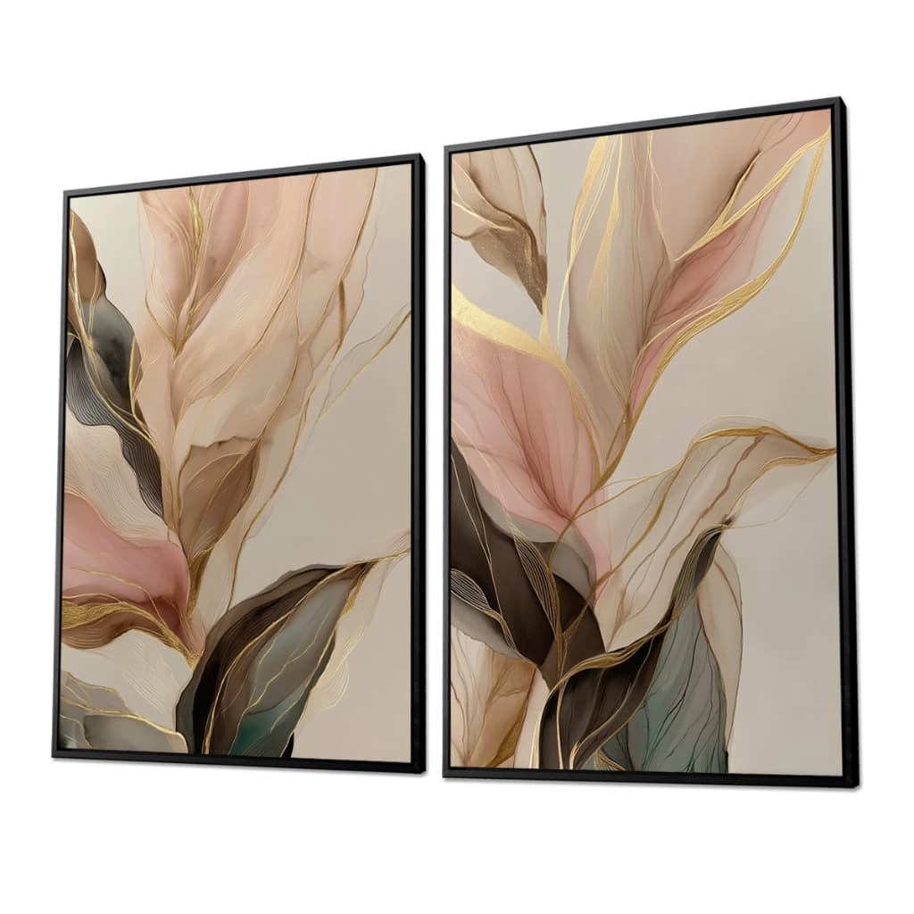 Kit 2 Quadro Decorativo Tom Neutro Verde Boho Dourado Folha Minimalista Sala Cozinha Quarto Corredor 90cm