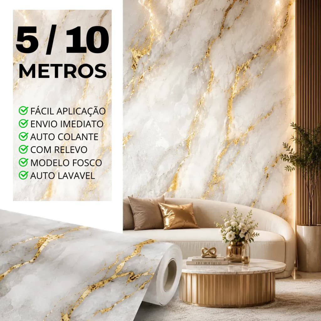 Papel De Parede Mármore Dourado Adesivo Colante 5 OU 10 Metros Corrido X 0,45cm largura