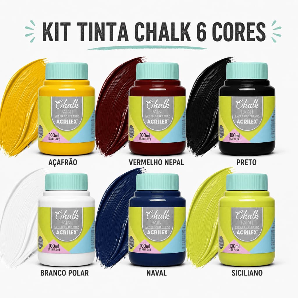 Kit Tinta Chalk Acrilex 6 Cores - Pintura em  Gesso, MDF, Vidro, Metal, Cerâmica e Porcelana